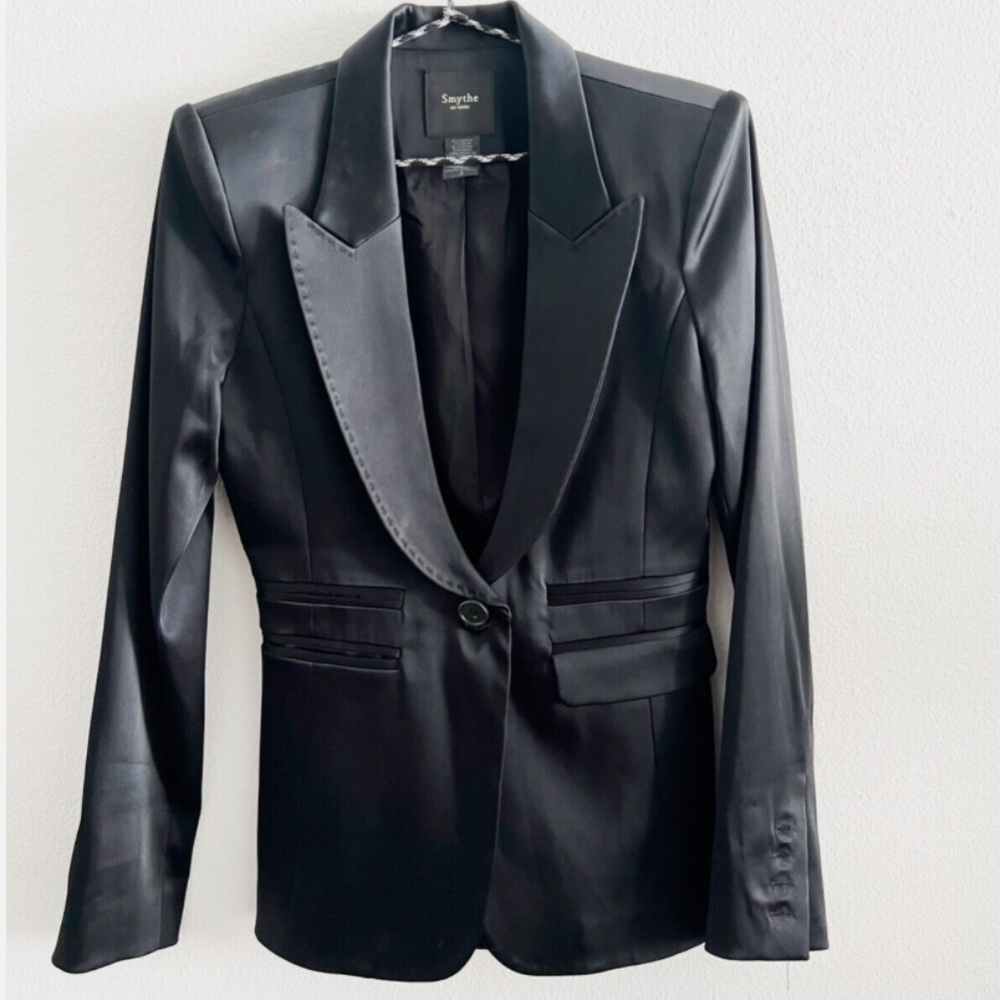 Smythe Peaked Lapel Black Satin Blazer 2 Tuxedo Blazer